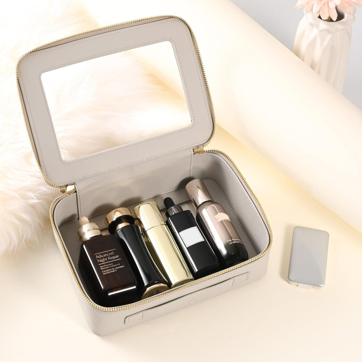 XL Clear Makeup Organizer,Double Layer Travel Cosmetic Case with Brush Holder & Zippered Compartments,Big Toiletry Bag for Travel Accessories,2 Layers Large,Black