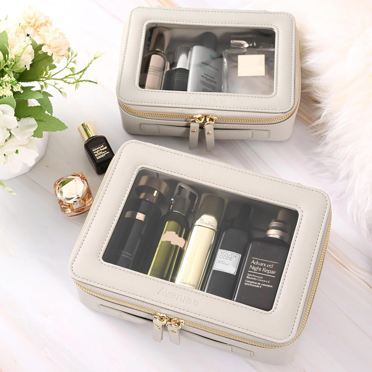 XL Clear Makeup Organizer,Double Layer Travel Cosmetic Case with Brush Holder & Zippered Compartments,Big Toiletry Bag for Travel Accessories,2 Layers Large,Black