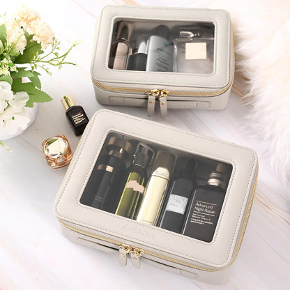 XL Clear Makeup Organizer,Double Layer Travel Cosmetic Case with Brush Holder & Zippered Compartments,Big Toiletry Bag for Travel Accessories,2 Layers Large,Black