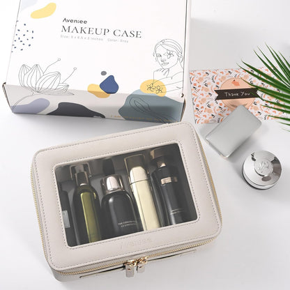 XL Clear Makeup Organizer,Double Layer Travel Cosmetic Case with Brush Holder & Zippered Compartments,Big Toiletry Bag for Travel Accessories,2 Layers Large,Black
