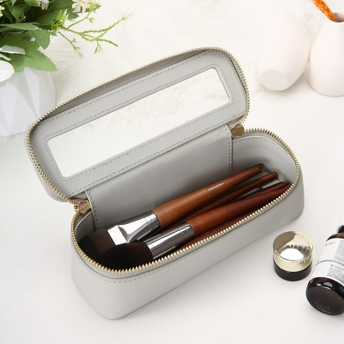 XL Clear Makeup Organizer,Double Layer Travel Cosmetic Case with Brush Holder & Zippered Compartments,Big Toiletry Bag for Travel Accessories,2 Layers Large,Black