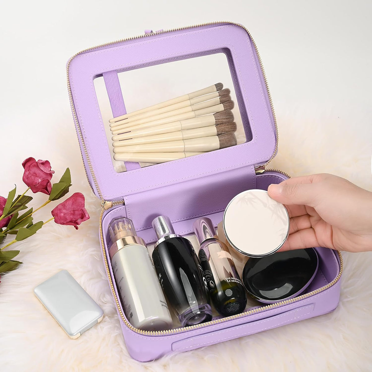 XL Clear Makeup Organizer,Double Layer Travel Cosmetic Case with Brush Holder & Zippered Compartments,Big Toiletry Bag for Travel Accessories,2 Layers Large,Black