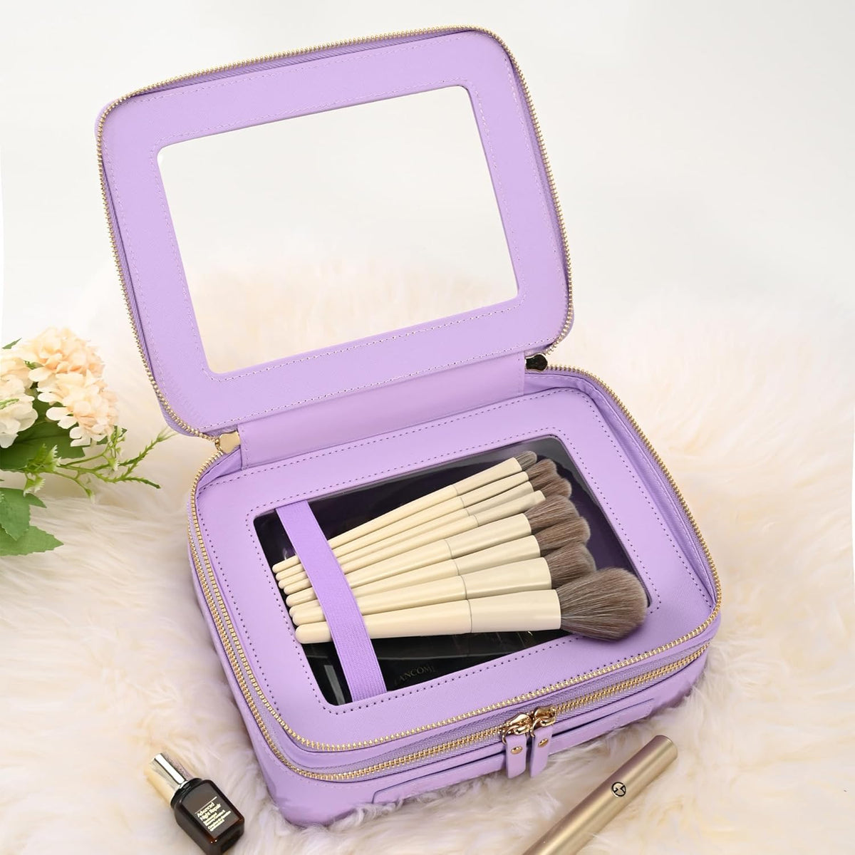 XL Clear Makeup Organizer,Double Layer Travel Cosmetic Case with Brush Holder & Zippered Compartments,Big Toiletry Bag for Travel Accessories,2 Layers Large,Black