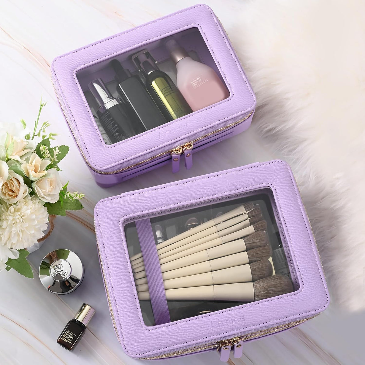 XL Clear Makeup Organizer,Double Layer Travel Cosmetic Case with Brush Holder & Zippered Compartments,Big Toiletry Bag for Travel Accessories,2 Layers Large,Black