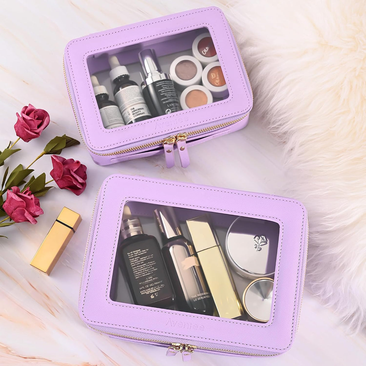 XL Clear Makeup Organizer,Double Layer Travel Cosmetic Case with Brush Holder & Zippered Compartments,Big Toiletry Bag for Travel Accessories,2 Layers Large,Black