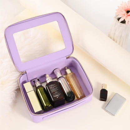 XL Clear Makeup Organizer,Double Layer Travel Cosmetic Case with Brush Holder & Zippered Compartments,Big Toiletry Bag for Travel Accessories,2 Layers Large,Black