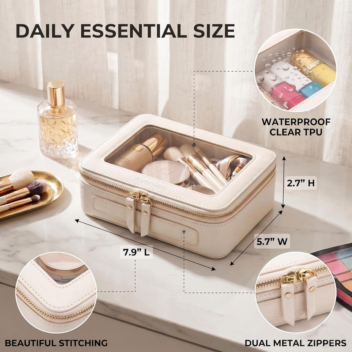 XL Clear Makeup Organizer,Double Layer Travel Cosmetic Case with Brush Holder & Zippered Compartments,Big Toiletry Bag for Travel Accessories,2 Layers Large,Black