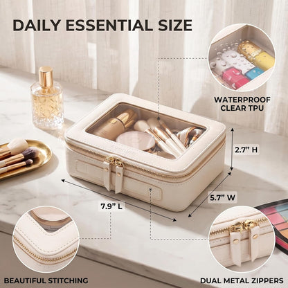 XL Clear Makeup Organizer,Double Layer Travel Cosmetic Case with Brush Holder & Zippered Compartments,Big Toiletry Bag for Travel Accessories,2 Layers Large,Black