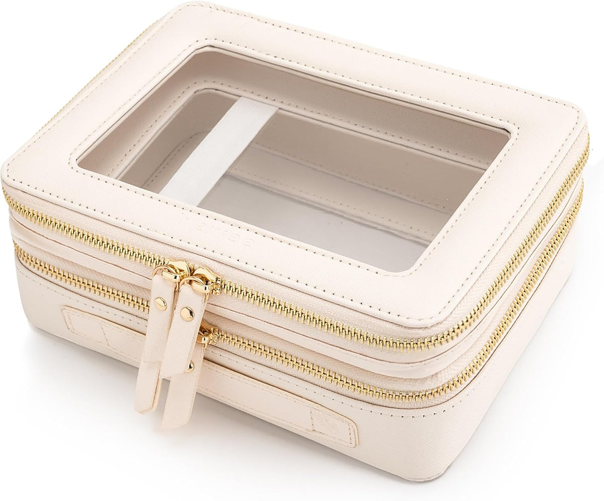 XL Clear Makeup Organizer,Double Layer Travel Cosmetic Case with Brush Holder & Zippered Compartments,Big Toiletry Bag for Travel Accessories,2 Layers Large,Black
