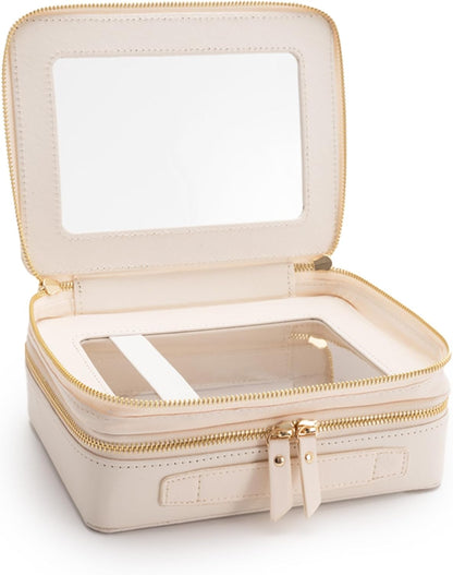 XL Clear Makeup Organizer,Double Layer Travel Cosmetic Case with Brush Holder & Zippered Compartments,Big Toiletry Bag for Travel Accessories,2 Layers Large,Black