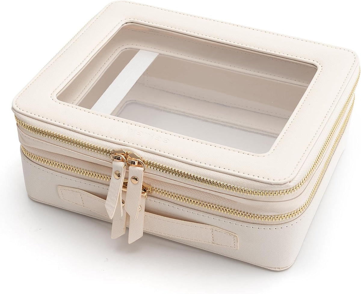 XL Clear Makeup Organizer,Double Layer Travel Cosmetic Case with Brush Holder & Zippered Compartments,Big Toiletry Bag for Travel Accessories,2 Layers Large,Black