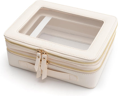 XL Clear Makeup Organizer,Double Layer Travel Cosmetic Case with Brush Holder & Zippered Compartments,Big Toiletry Bag for Travel Accessories,2 Layers Large,Black