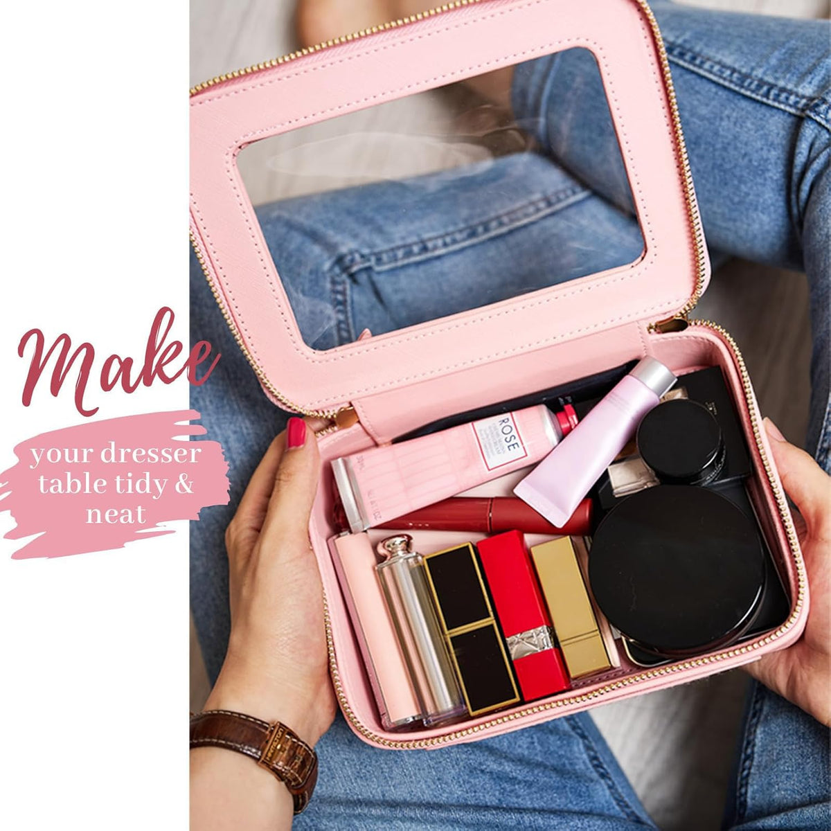 XL Clear Makeup Organizer,Double Layer Travel Cosmetic Case with Brush Holder & Zippered Compartments,Big Toiletry Bag for Travel Accessories,2 Layers Large,Black