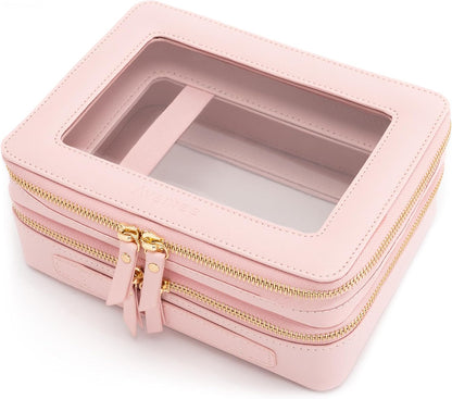 XL Clear Makeup Organizer,Double Layer Travel Cosmetic Case with Brush Holder & Zippered Compartments,Big Toiletry Bag for Travel Accessories,2 Layers Large,Black