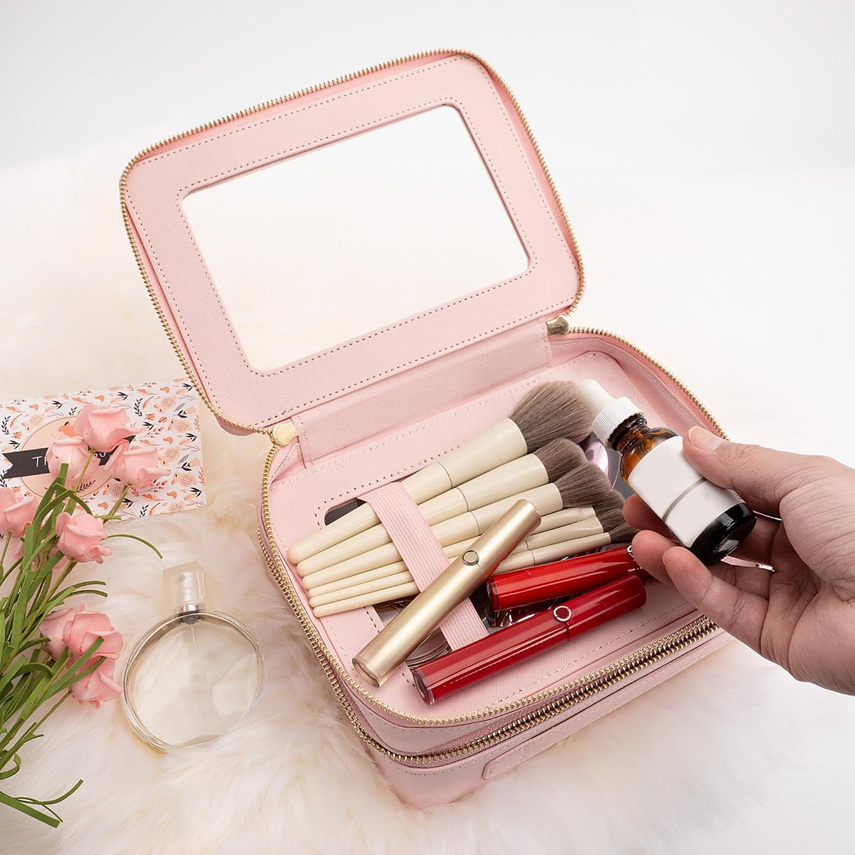 XL Clear Makeup Organizer,Double Layer Travel Cosmetic Case with Brush Holder & Zippered Compartments,Big Toiletry Bag for Travel Accessories,2 Layers Large,Black