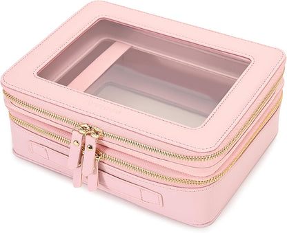 XL Clear Makeup Organizer,Double Layer Travel Cosmetic Case with Brush Holder & Zippered Compartments,Big Toiletry Bag for Travel Accessories,2 Layers Large,Black