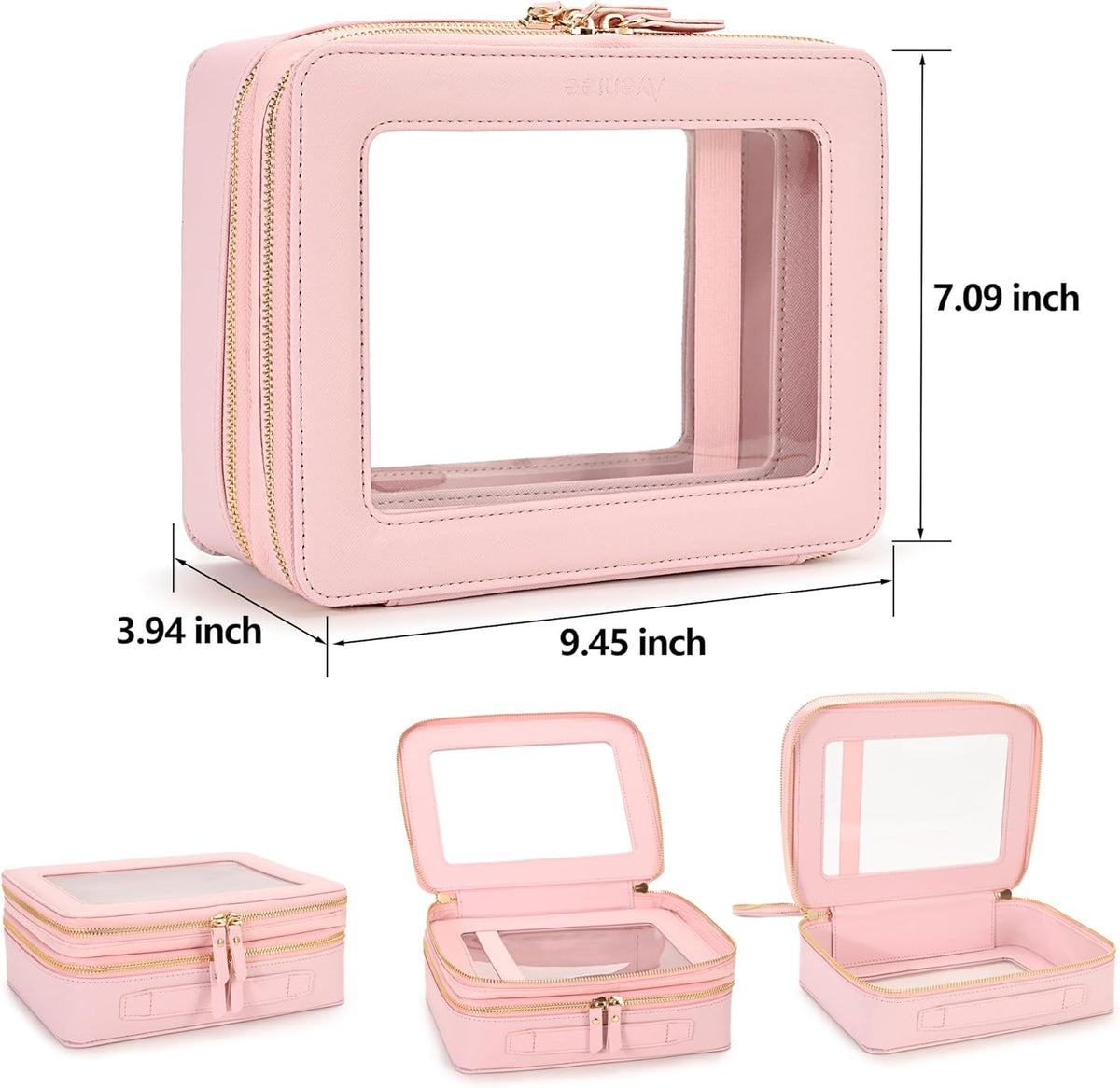 XL Clear Makeup Organizer,Double Layer Travel Cosmetic Case with Brush Holder & Zippered Compartments,Big Toiletry Bag for Travel Accessories,2 Layers Large,Black