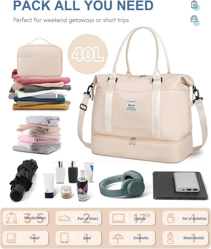 Travel Duffel Bag, Weekender Bags for Women, Overnight Gym Carry On Tote Bag with Wet Pocket, Hospital Mom Bag for Labor and Delivery - Light Blue