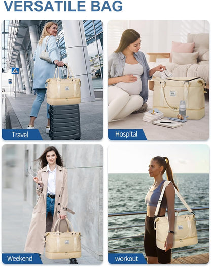 Travel Duffel Bag, Weekender Bags for Women, Overnight Gym Carry On Tote Bag with Wet Pocket, Hospital Mom Bag for Labor and Delivery - Light Blue