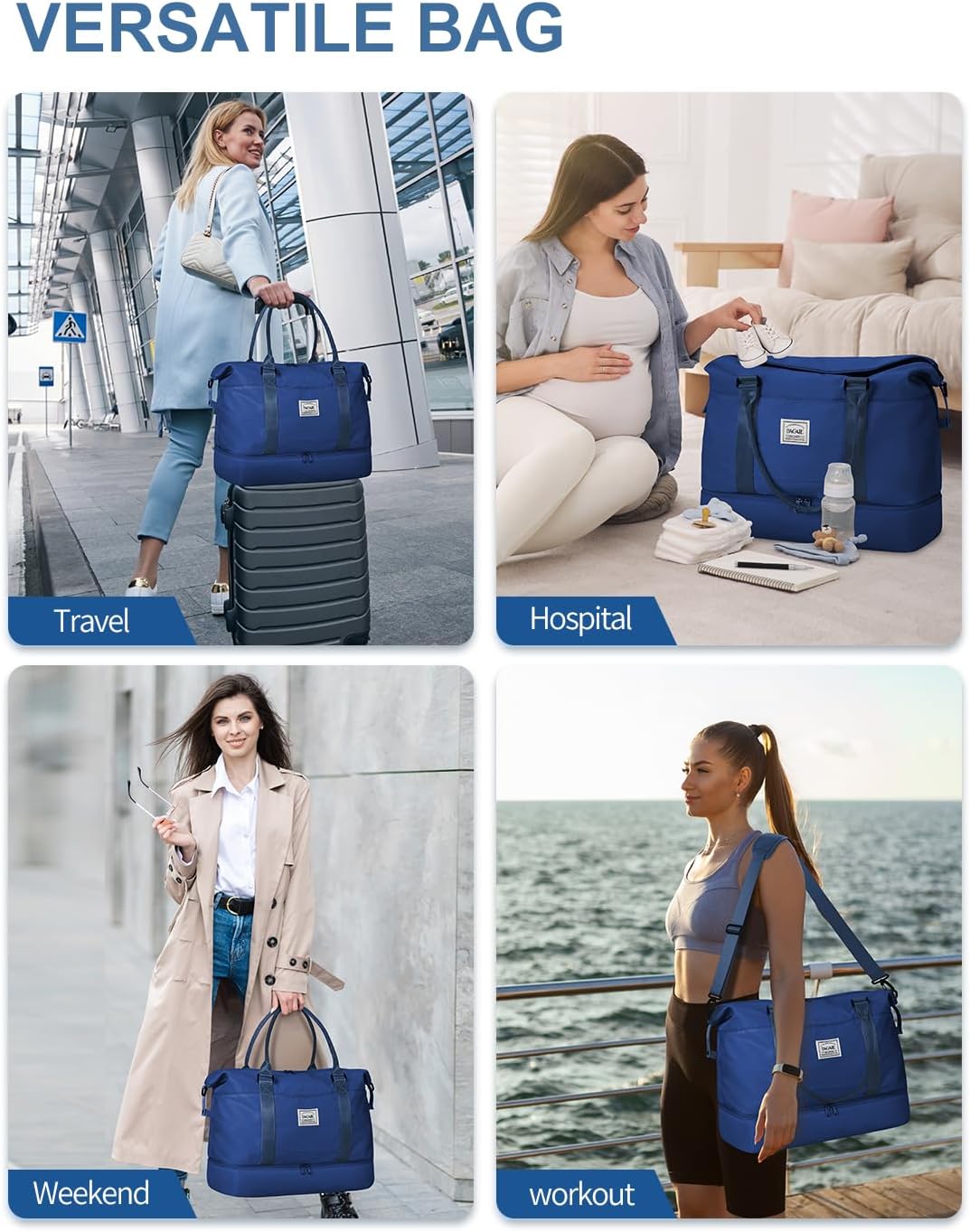 Travel Duffel Bag, Weekender Bags for Women, Overnight Gym Carry On Tote Bag with Wet Pocket, Hospital Mom Bag for Labor and Delivery - Light Blue