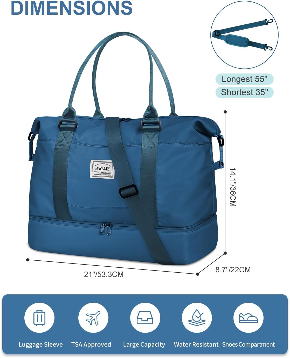 Travel Duffel Bag, Weekender Bags for Women, Overnight Gym Carry On Tote Bag with Wet Pocket, Hospital Mom Bag for Labor and Delivery - Light Blue