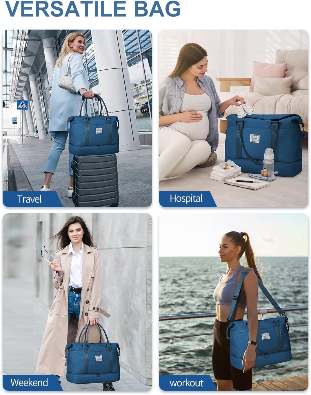 Travel Duffel Bag, Weekender Bags for Women, Overnight Gym Carry On Tote Bag with Wet Pocket, Hospital Mom Bag for Labor and Delivery - Light Blue