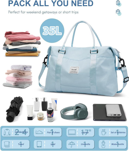Travel Duffel Bag, Weekender Bags for Women, Overnight Gym Carry On Tote Bag with Wet Pocket, Hospital Mom Bag for Labor and Delivery - Light Blue