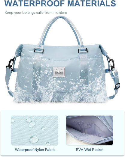 Travel Duffel Bag, Weekender Bags for Women, Overnight Gym Carry On Tote Bag with Wet Pocket, Hospital Mom Bag for Labor and Delivery - Light Blue