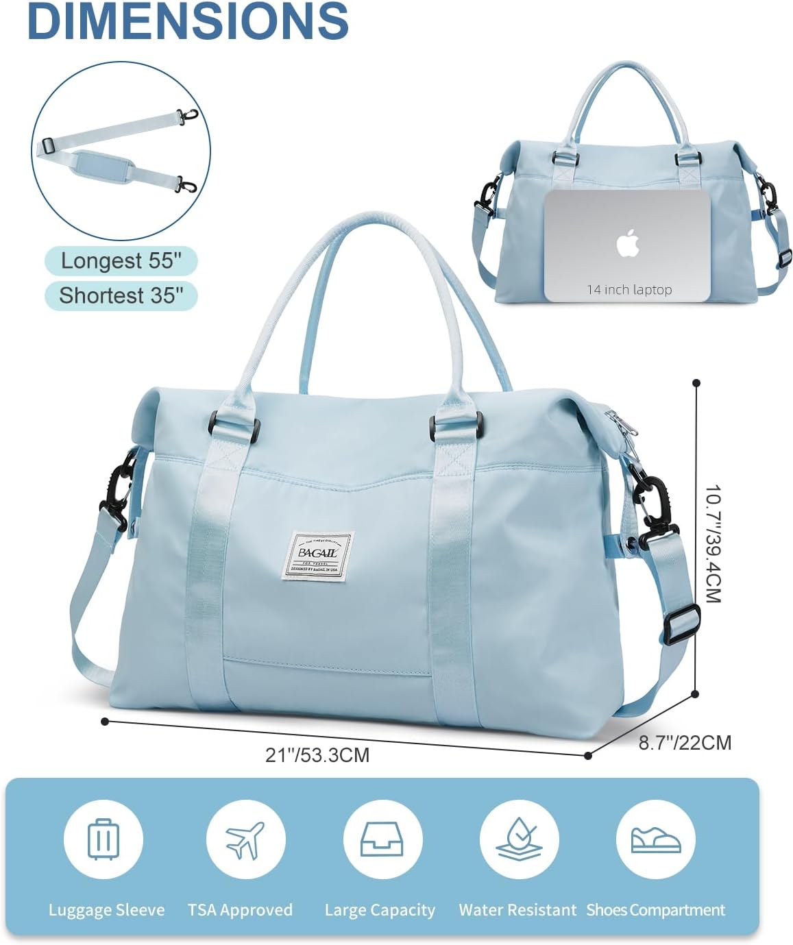 Travel Duffel Bag, Weekender Bags for Women, Overnight Gym Carry On Tote Bag with Wet Pocket, Hospital Mom Bag for Labor and Delivery - Light Blue