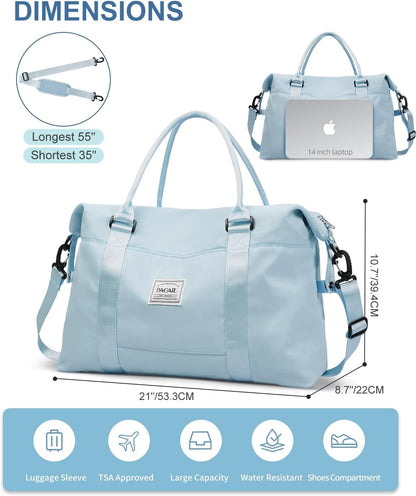Travel Duffel Bag, Weekender Bags for Women, Overnight Gym Carry On Tote Bag with Wet Pocket, Hospital Mom Bag for Labor and Delivery - Light Blue