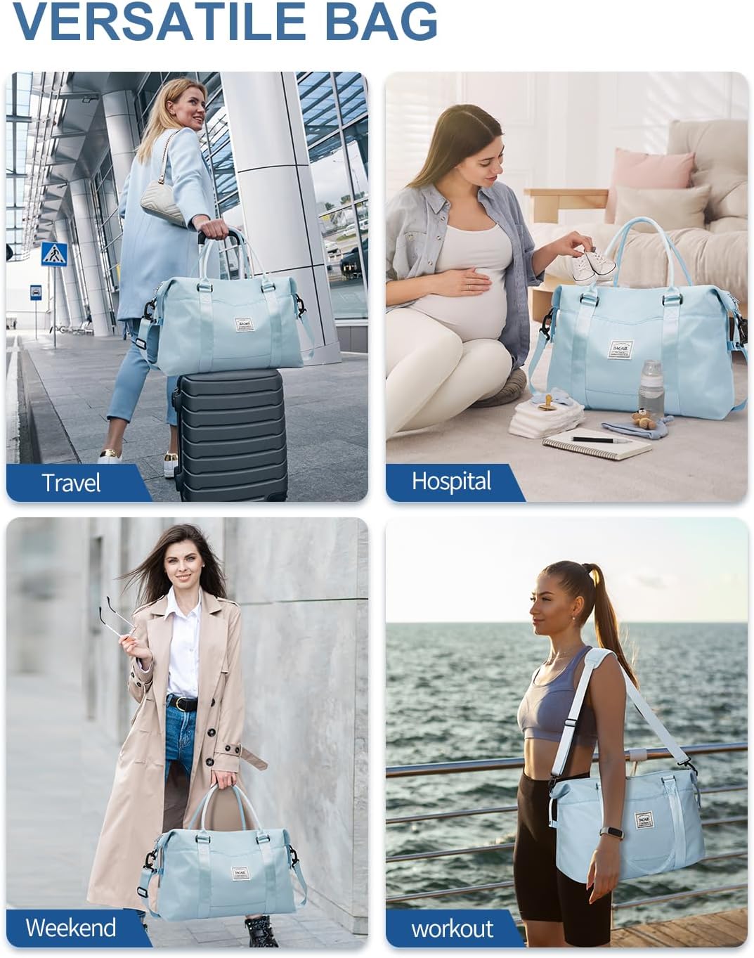 Travel Duffel Bag, Weekender Bags for Women, Overnight Gym Carry On Tote Bag with Wet Pocket, Hospital Mom Bag for Labor and Delivery - Light Blue