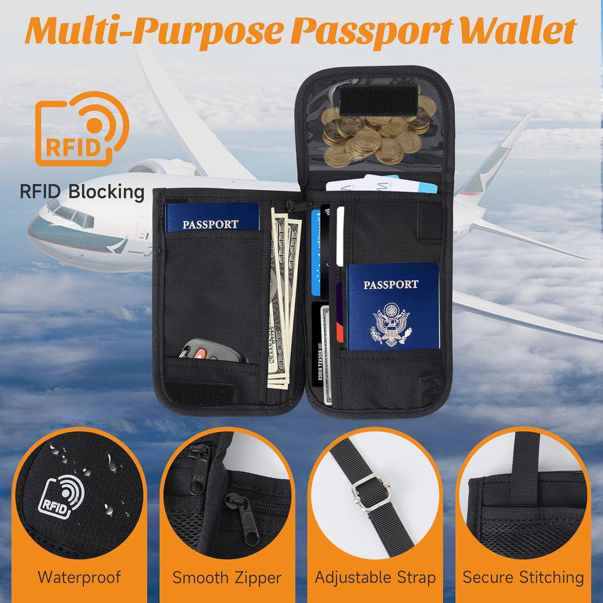 Neck Wallet & RFID Blocking Passport Holder for Travel – Waterproof Hidden Travel Wallet with Card Slots, Adjustable Strap, Portable Document Organizer for Men, Women (Gift) Khaki