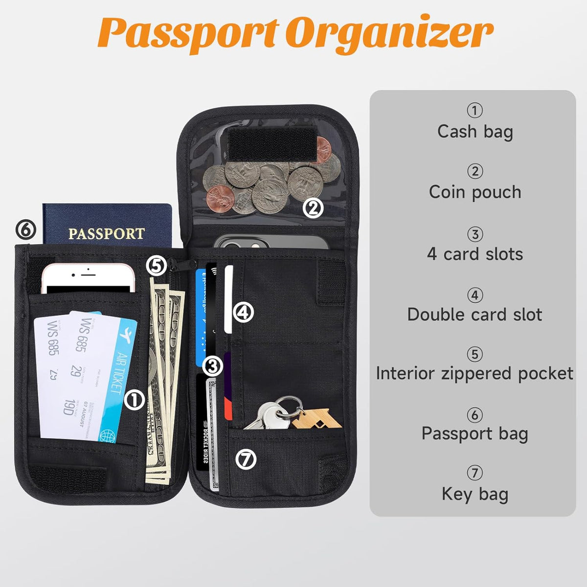 Neck Wallet & RFID Blocking Passport Holder for Travel – Waterproof Hidden Travel Wallet with Card Slots, Adjustable Strap, Portable Document Organizer for Men, Women (Gift) Khaki