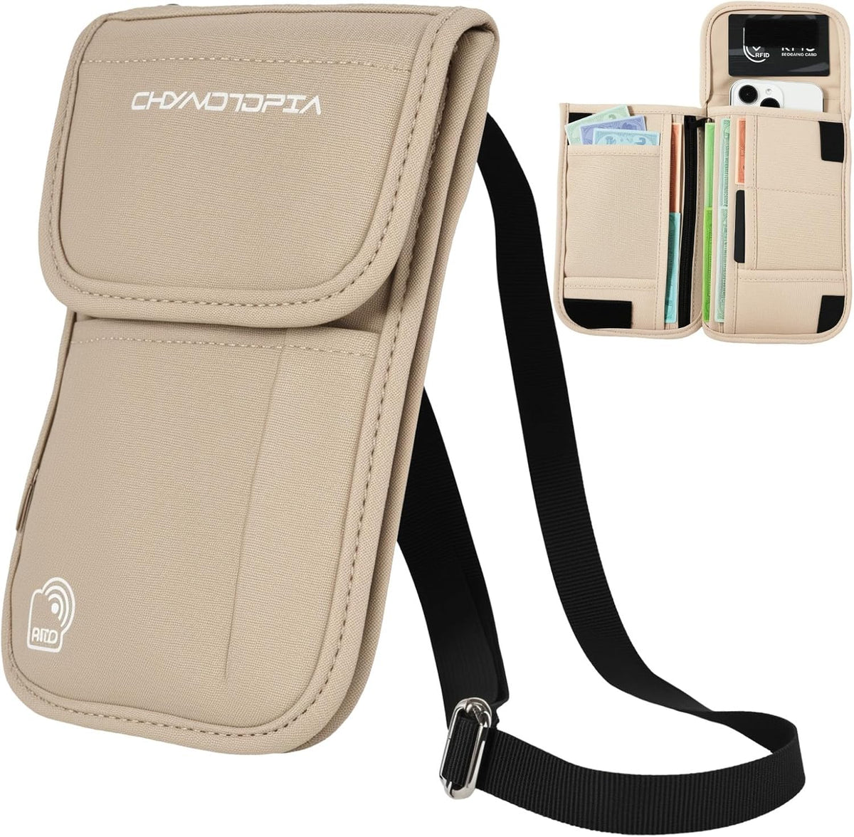 Neck Wallet & RFID Blocking Passport Holder for Travel – Waterproof Hidden Travel Wallet with Card Slots, Adjustable Strap, Portable Document Organizer for Men, Women (Gift) Khaki