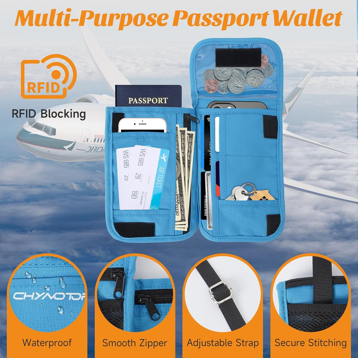 Neck Wallet & RFID Blocking Passport Holder for Travel – Waterproof Hidden Travel Wallet with Card Slots, Adjustable Strap, Portable Document Organizer for Men, Women (Gift) Khaki
