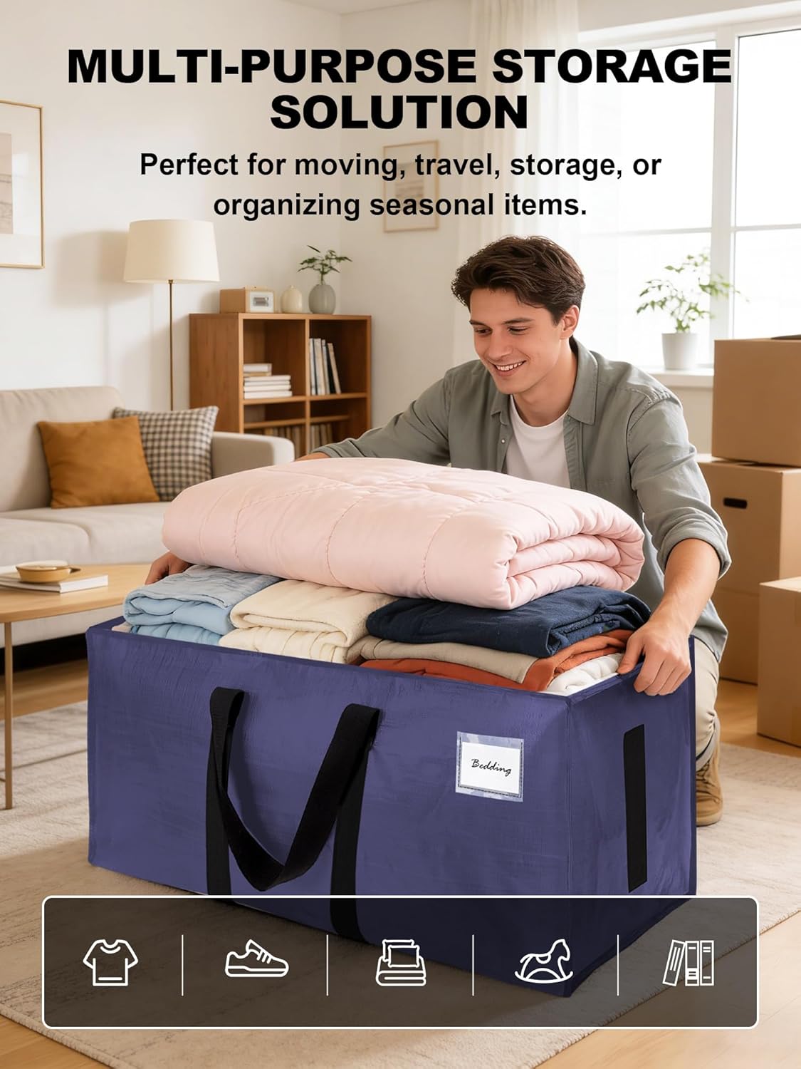 Supports 200lbs Heavy Duty Moving Bags - Strong Zipper & Wrap-Around Handles - Water-Resistant Storage Totes, Durable Alternative to Moving Boxes - 8 Pack - Semi-Transparent