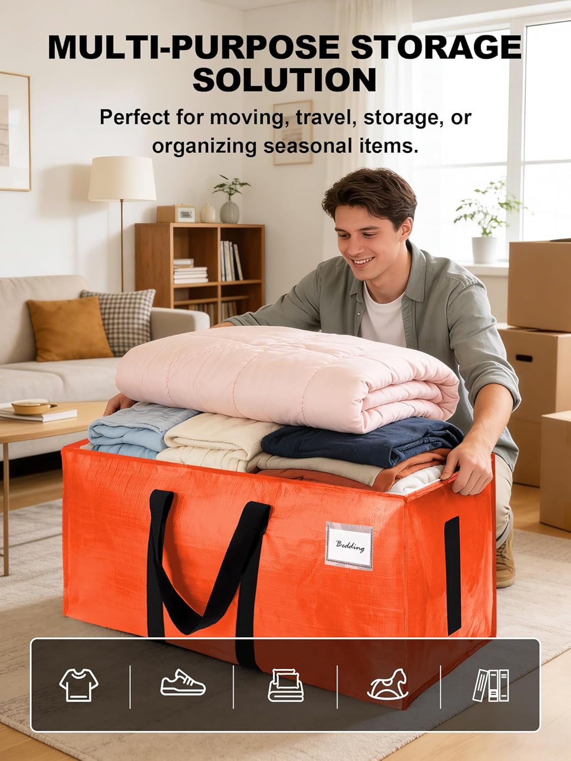 Supports 200lbs Heavy Duty Moving Bags - Strong Zipper & Wrap-Around Handles - Water-Resistant Storage Totes, Durable Alternative to Moving Boxes - 8 Pack - Semi-Transparent