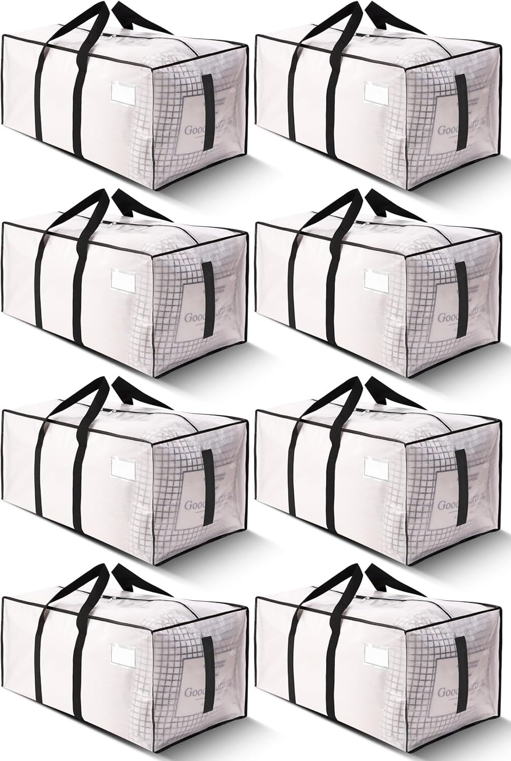 Supports 200lbs Heavy Duty Moving Bags - Strong Zipper & Wrap-Around Handles - Water-Resistant Storage Totes, Durable Alternative to Moving Boxes - 8 Pack - Semi-Transparent