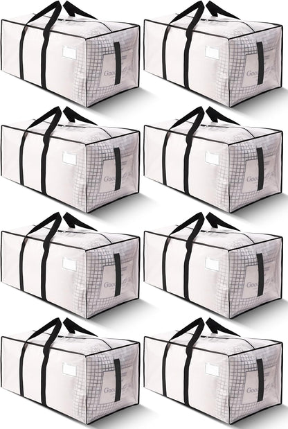 Supports 200lbs Heavy Duty Moving Bags - Strong Zipper & Wrap-Around Handles - Water-Resistant Storage Totes, Durable Alternative to Moving Boxes - 8 Pack - Semi-Transparent