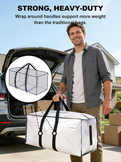Supports 200lbs Heavy Duty Moving Bags - Strong Zipper & Wrap-Around Handles - Water-Resistant Storage Totes, Durable Alternative to Moving Boxes - 8 Pack - Semi-Transparent