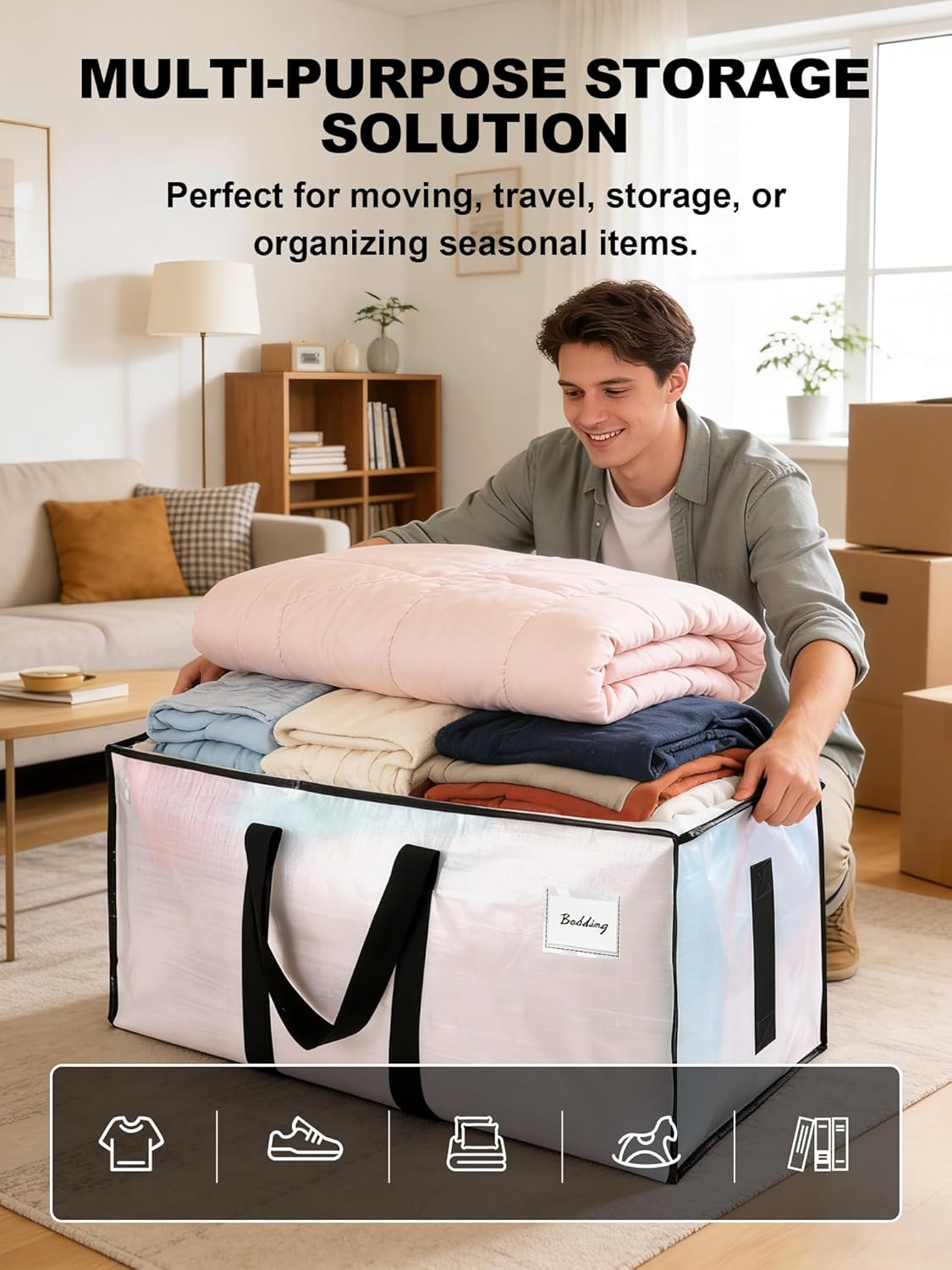 Supports 200lbs Heavy Duty Moving Bags - Strong Zipper & Wrap-Around Handles - Water-Resistant Storage Totes, Durable Alternative to Moving Boxes - 8 Pack - Semi-Transparent