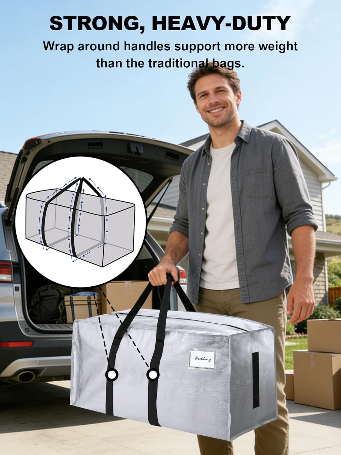 Supports 200lbs Heavy Duty Moving Bags - Strong Zipper & Wrap-Around Handles - Water-Resistant Storage Totes, Durable Alternative to Moving Boxes - 8 Pack - Semi-Transparent