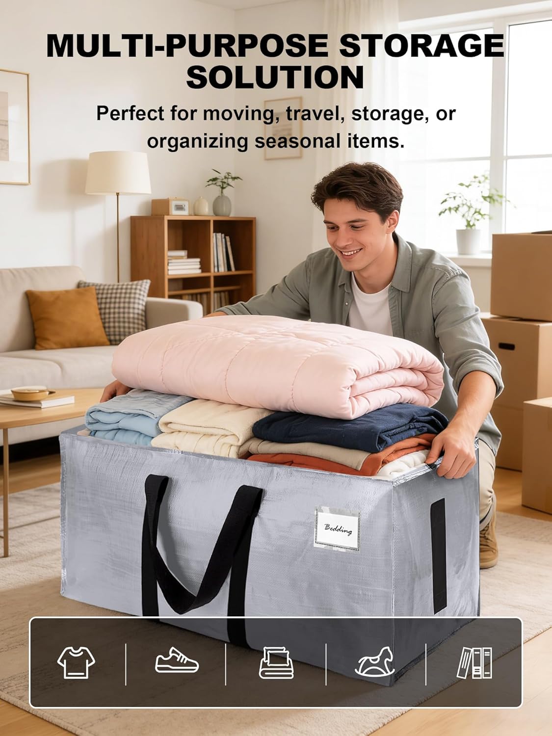 Supports 200lbs Heavy Duty Moving Bags - Strong Zipper & Wrap-Around Handles - Water-Resistant Storage Totes, Durable Alternative to Moving Boxes - 8 Pack - Semi-Transparent