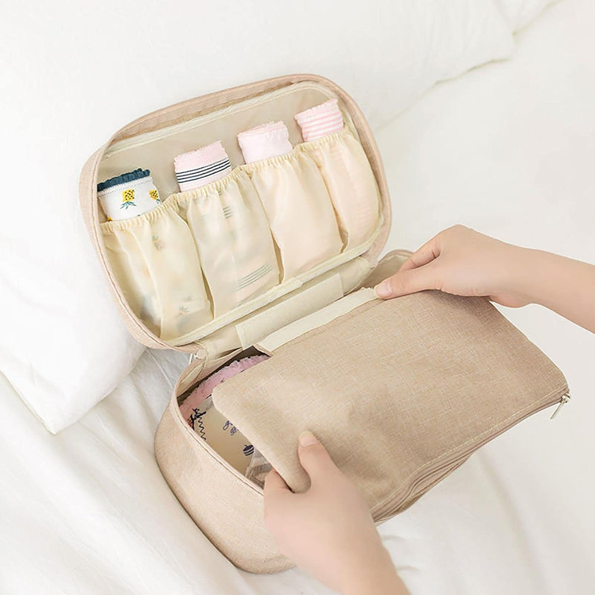 Travel Bra Underwaer Organizer Compact Lingerie Box Fornight Toiletry Bag, Portable Multi-Functional Underwear Organizer Case with Handle Travel Storage Bag Cube Cosmetic Bag