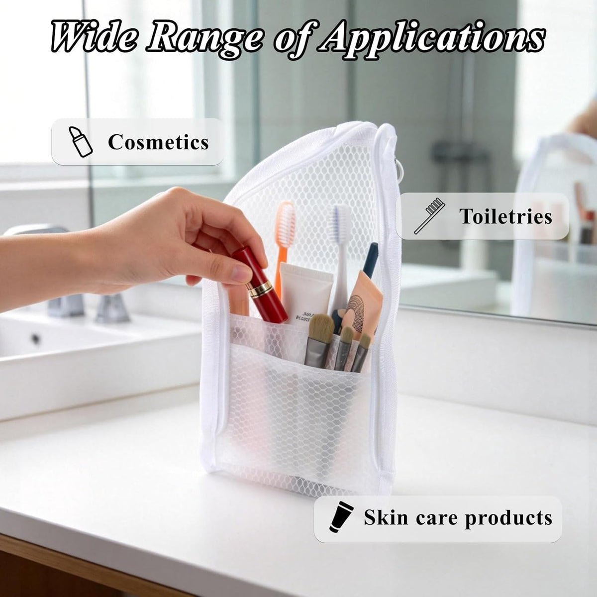 Standing Toiletry Bag, Foldable Self Standing Travel Toiletry Pouch, Mesh Large Capacity Cosmetic Waterproof Bag Clear Hanging Travel Toiletry Bags for Toothbrush & Toiletries (White)