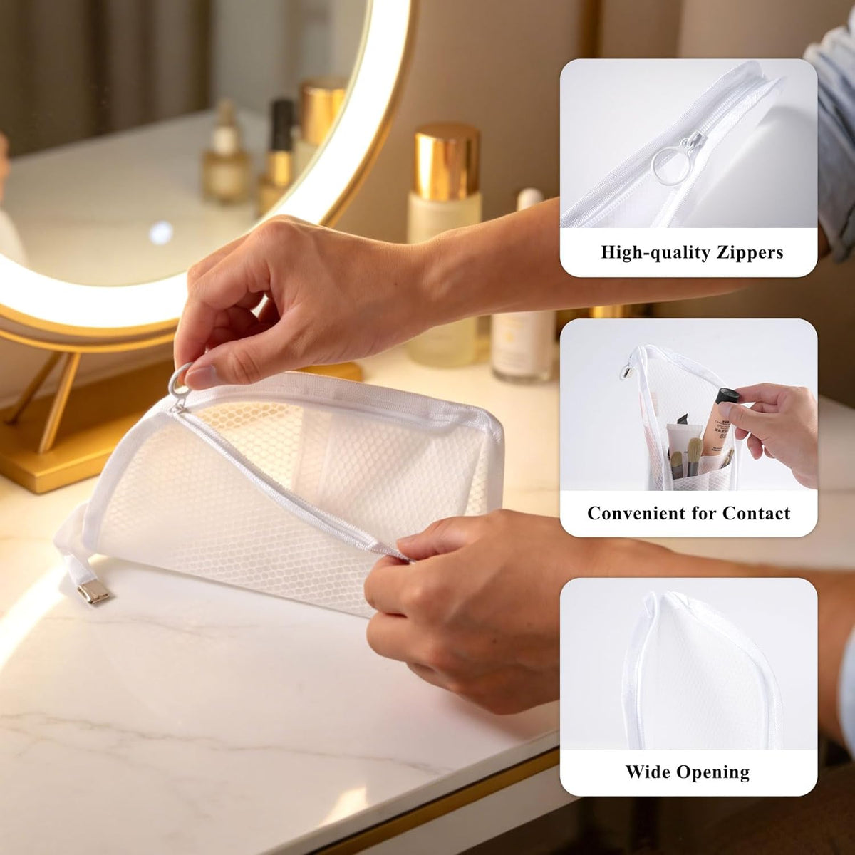 Standing Toiletry Bag, Foldable Self Standing Travel Toiletry Pouch, Mesh Large Capacity Cosmetic Waterproof Bag Clear Hanging Travel Toiletry Bags for Toothbrush & Toiletries (White)