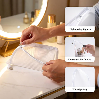 Standing Toiletry Bag, Foldable Self Standing Travel Toiletry Pouch, Mesh Large Capacity Cosmetic Waterproof Bag Clear Hanging Travel Toiletry Bags for Toothbrush & Toiletries (White)
