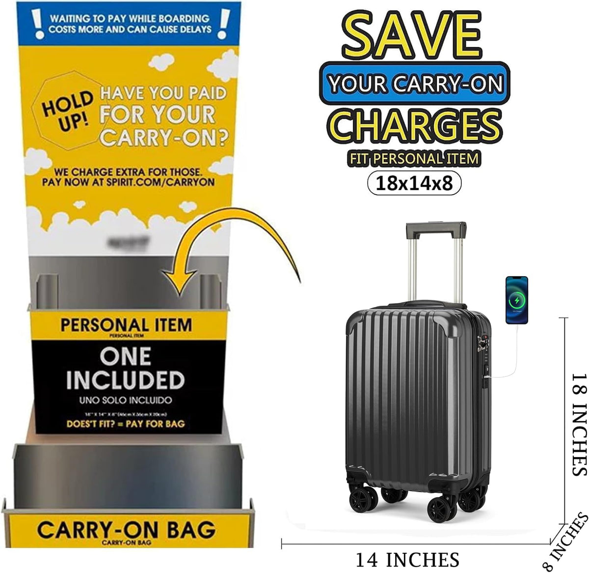 Personal Item Suitcase 18x14x8 Inches Hardside Built In TSA Lock & USB Port Lightweight Luggage With Removable Silent Wheels Underseat Carry-On Bag For Spirit and Frontier and More (Yellow)