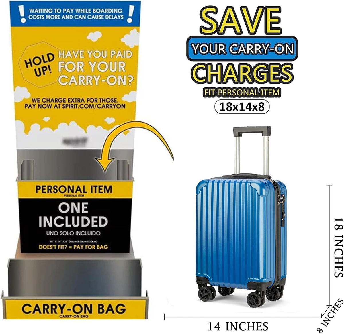 Personal Item Suitcase 18x14x8 Inches Hardside Built In TSA Lock & USB Port Lightweight Luggage With Removable Silent Wheels Underseat Carry-On Bag For Spirit and Frontier and More (Yellow)
