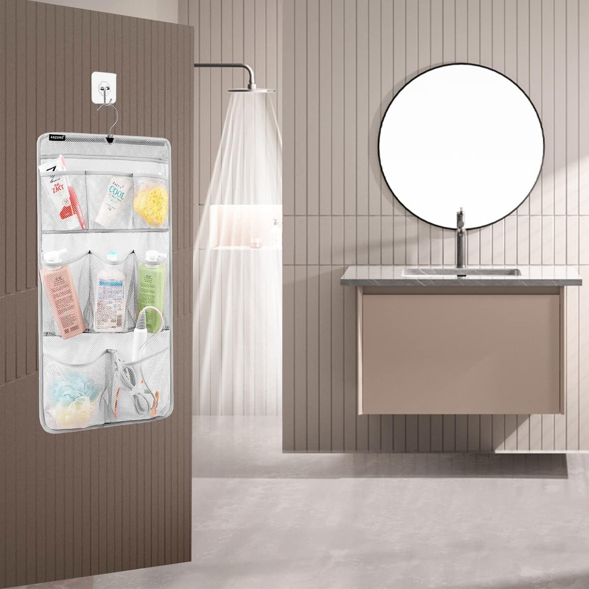 Mesh Shower Organizer Hanging Caddy Quick Dry Bathroom Storage for Toiletry Accessories with Rotating Hanger (12 Pockets)